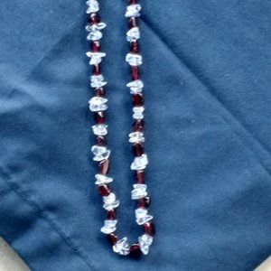 Red garnet and quartz necklace, 40 inches long, Avg Size 7mm